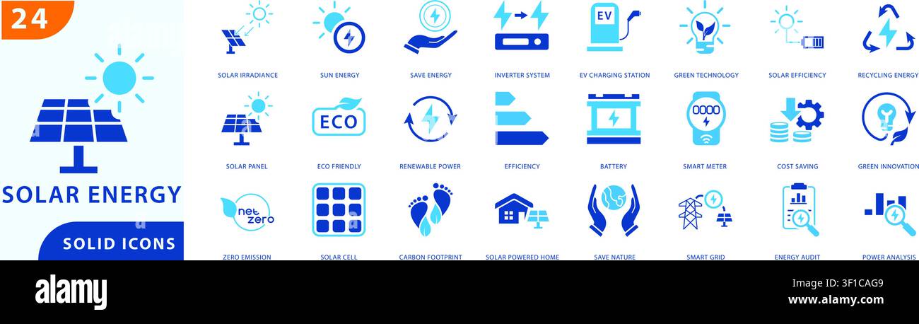 solar energy solid icon set featuring renewable energy, solar power, photovoltaic technology, solar panel systems, solar irradiance, sun energy, Stock Vector
