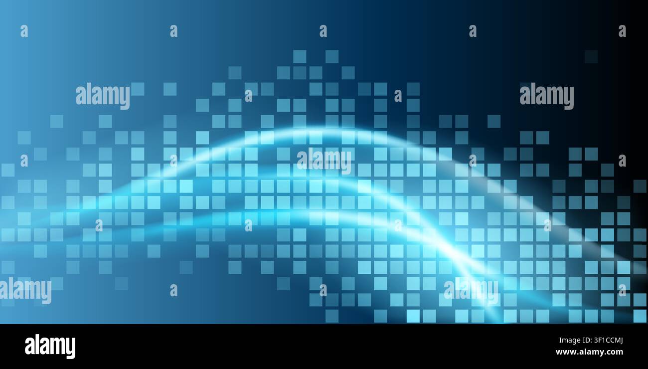 Abstract digital background with glowing blue wave lines over a dark grid tile pattern, suggesting technology and data flow. Stock Vector