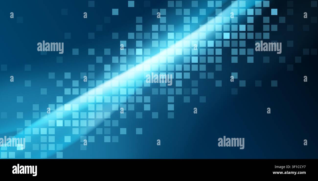 Dynamic blue digital abstract background featuring a bright, glowing diagonal light streak over a subtle grid tile pattern. Stock Vector