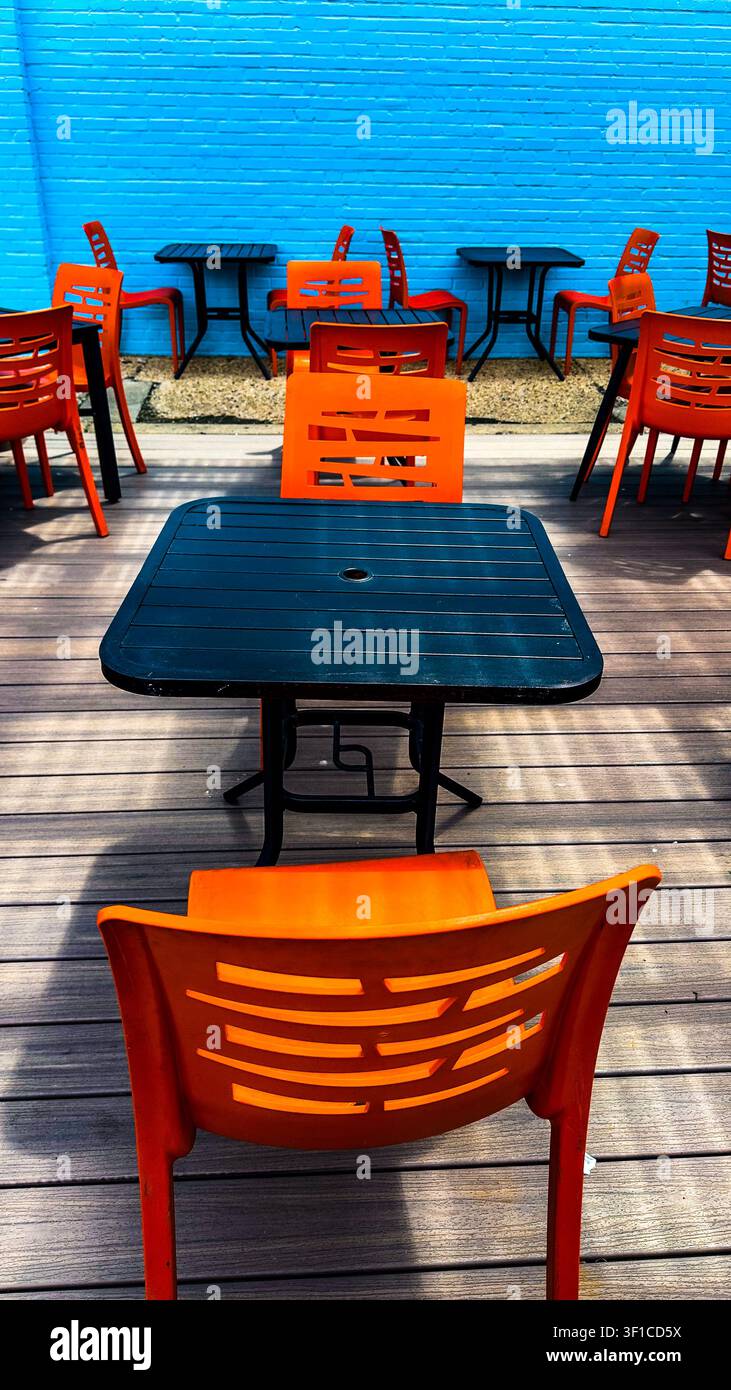 Empty restaurant patio dining area. Stock Photo