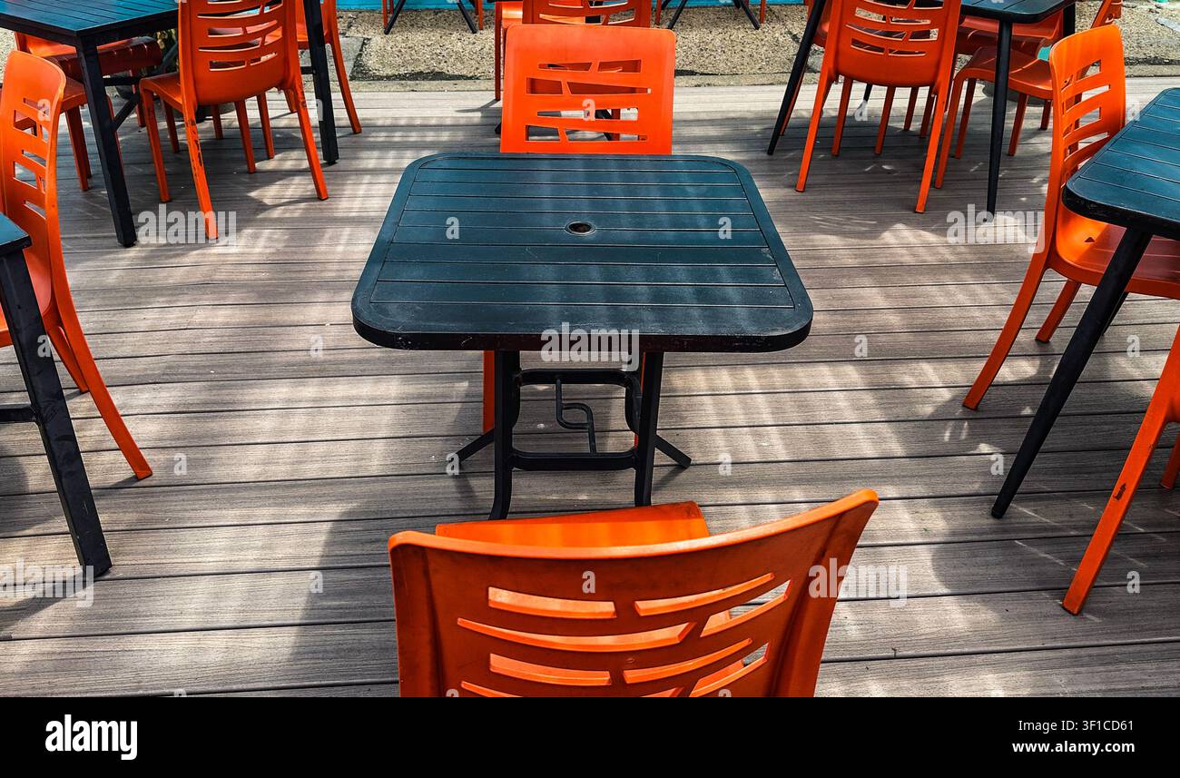 Empty restaurant patio dining area. Stock Photo