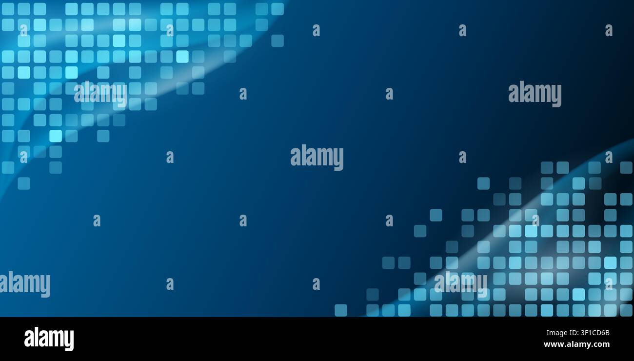 Abstract digital background with glowing blue pixel grid patterns on dark navy backdrop, creating a modern tech feel. Stock Vector
