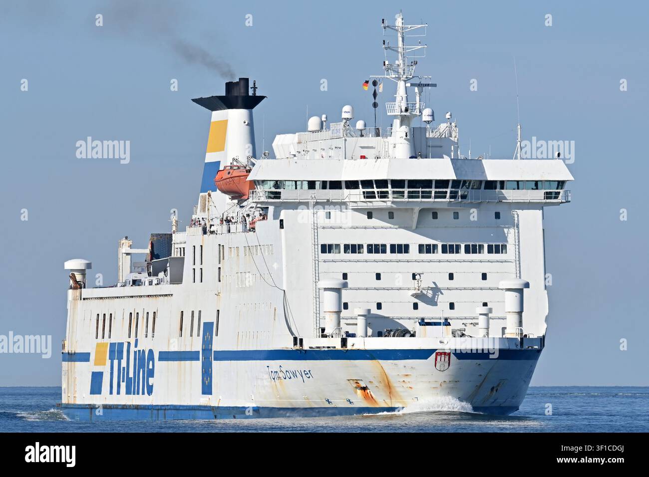 Ferry TOM SAWYER arrives at Lübeck-Travemünde from Trelleborg Stock Photo