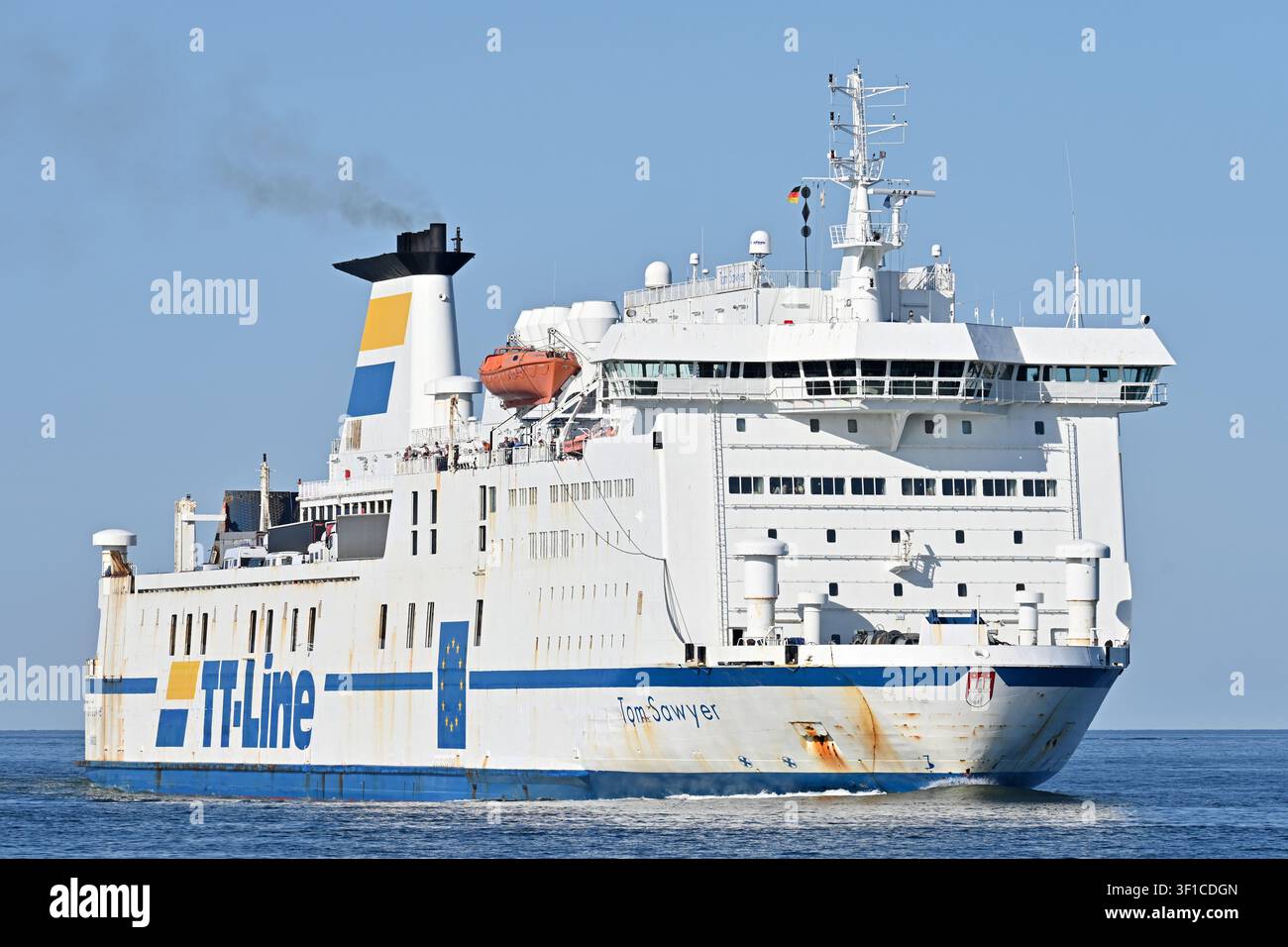 Ferry TOM SAWYER arrives at Lübeck-Travemünde from Trelleborg Stock Photo
