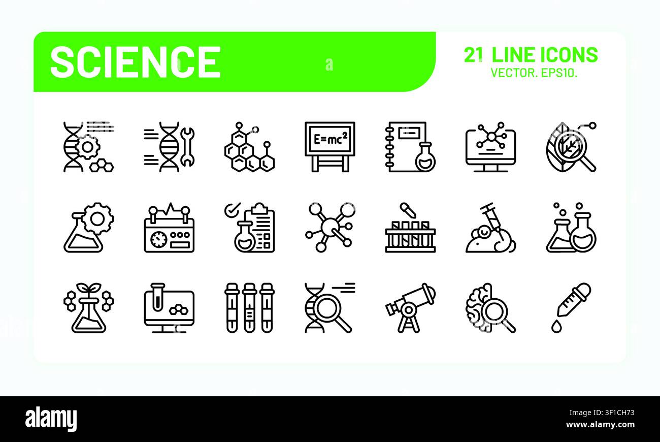 Lab icons. Medical science research, dna line beaker or laboratory microscope tube. Chemistry scientific flask. Chemistry, biology, physics and astronomy for interface vector minimalistic outline set Stock Vector
