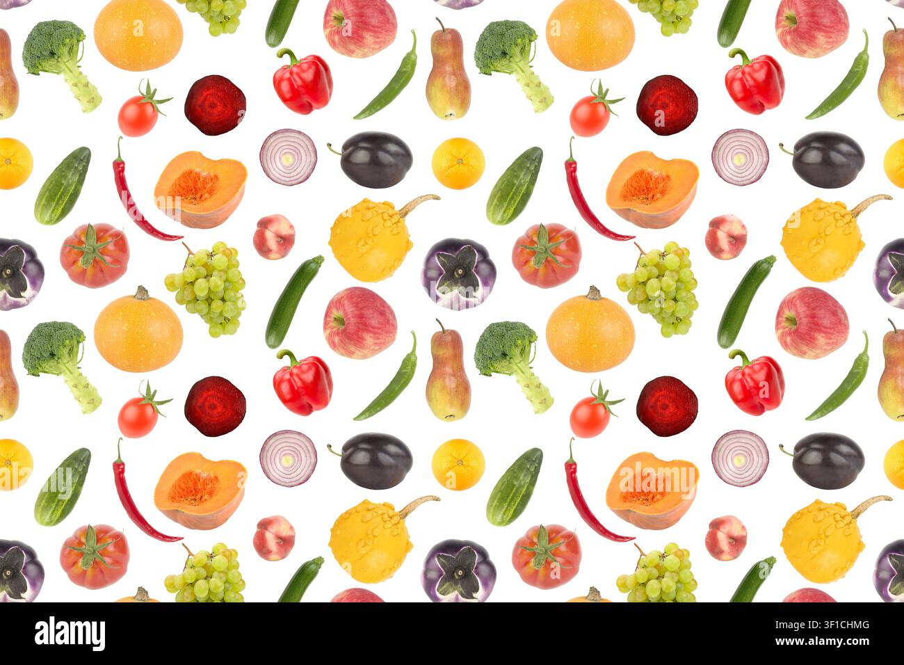 Isolated fruits and vegetables on white background. Seamless pattern. Stock Photo