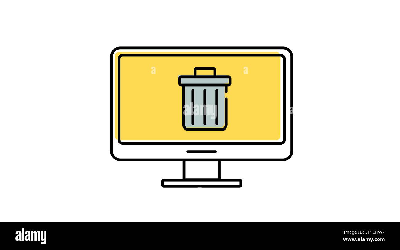 Desktop computer trash can icon: PC workstation displaying recycle bin and file delete symbol on screen, modern offset color line art vector illustrat Stock Vector