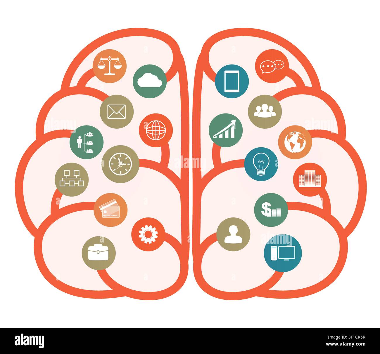 Brain with business icons, brainstorming. Stock Vector