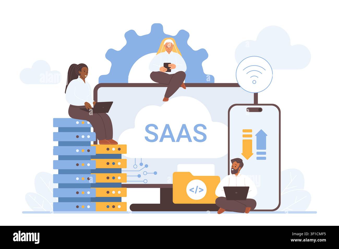 People using SaaS cloud platform with server racks, mobile app, coding folder and wireless connection for business software hosting, storage, teamwork isolated on white background vector illustration Stock Vector