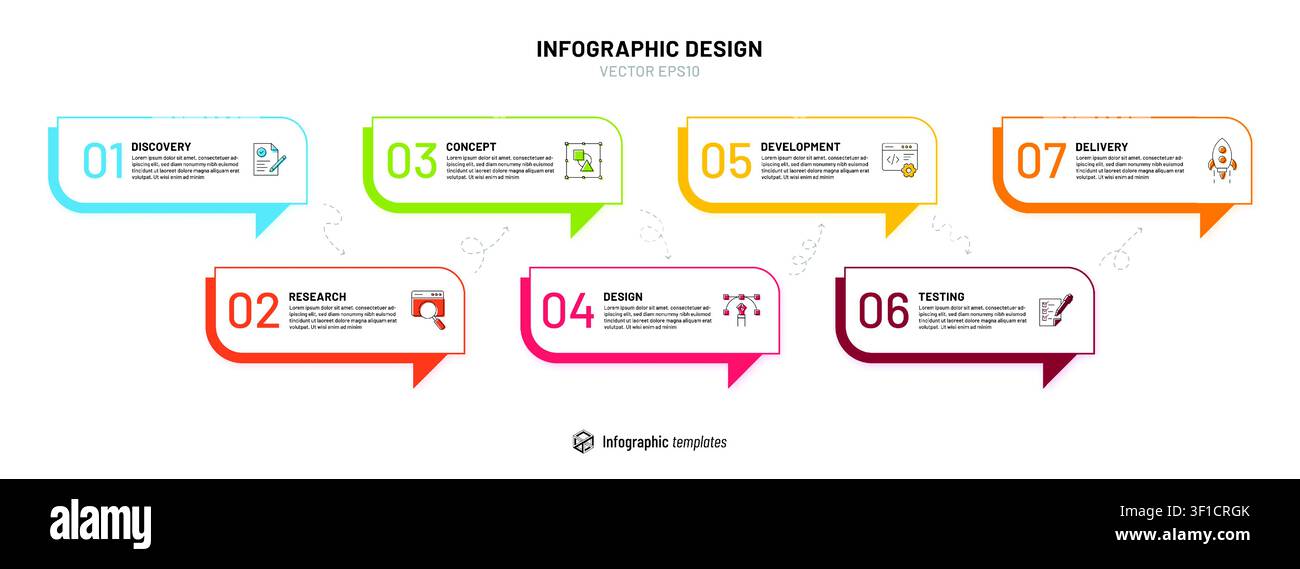 7 infograph elements. Horizontal numbers template, timeline info graphic. Speech bubble steps project process timeline for business progress visualization presentation vector isolated illustration Stock Vector