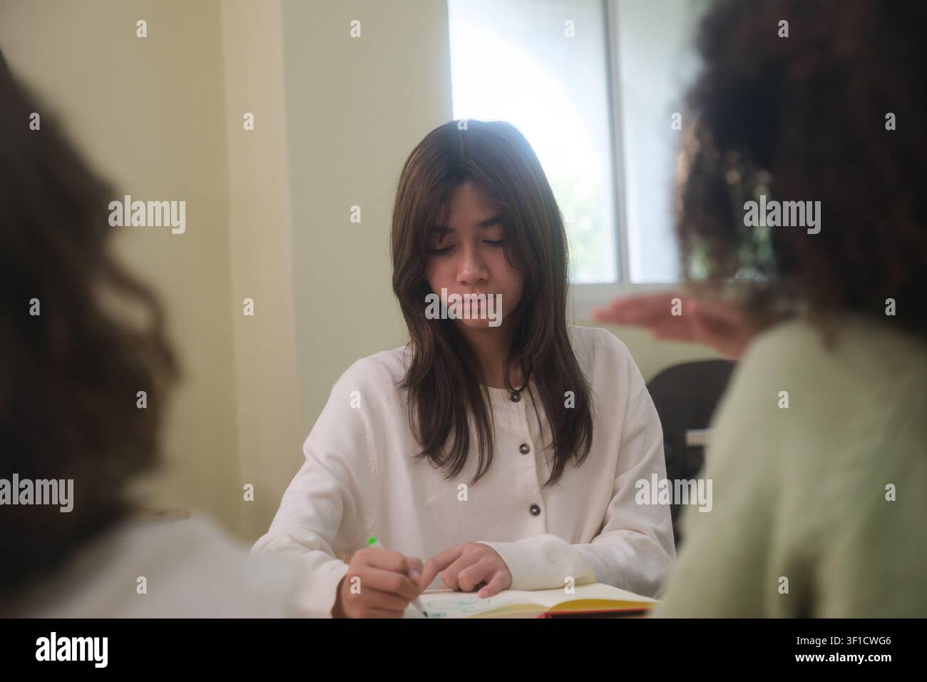 The female student is taking notes in class. Stock Photo