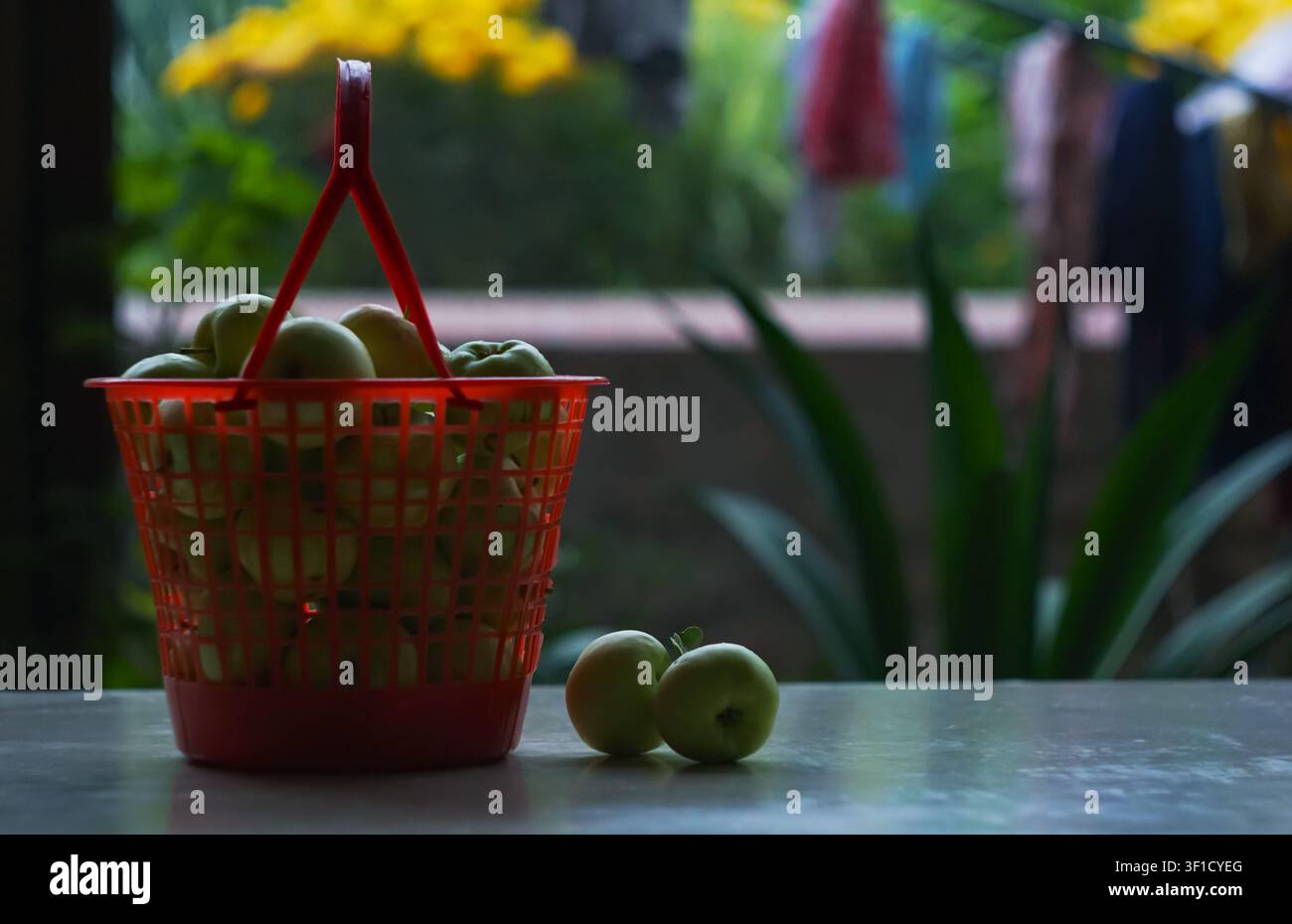 Apples in a plastic basket on the table Stock Photo