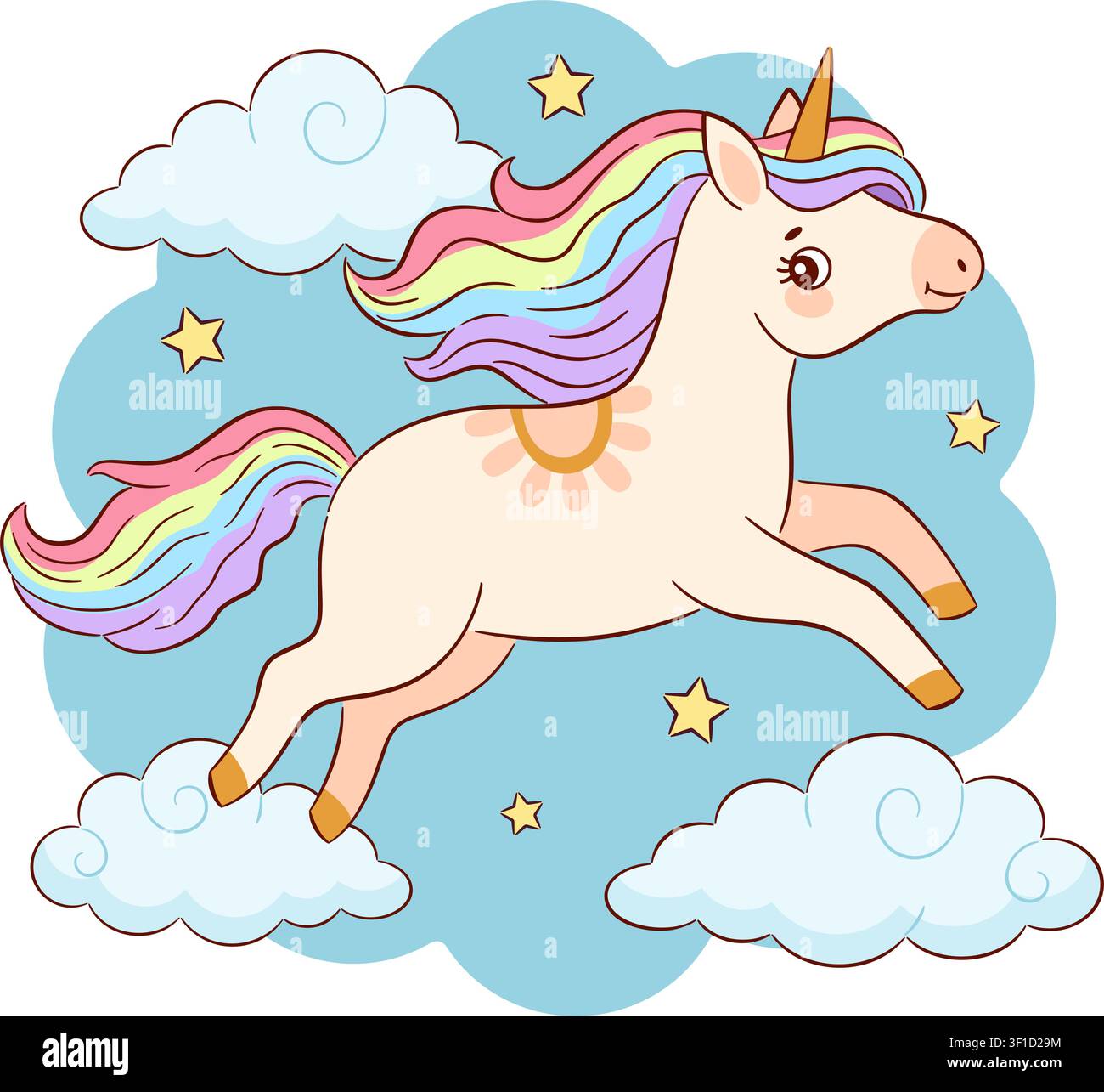 Cute unicorn running or flying in sky with fluffy clouds and yellow stars. Hand drawn flat style isolated. For stickers, nursery decor, children appar Stock Vector