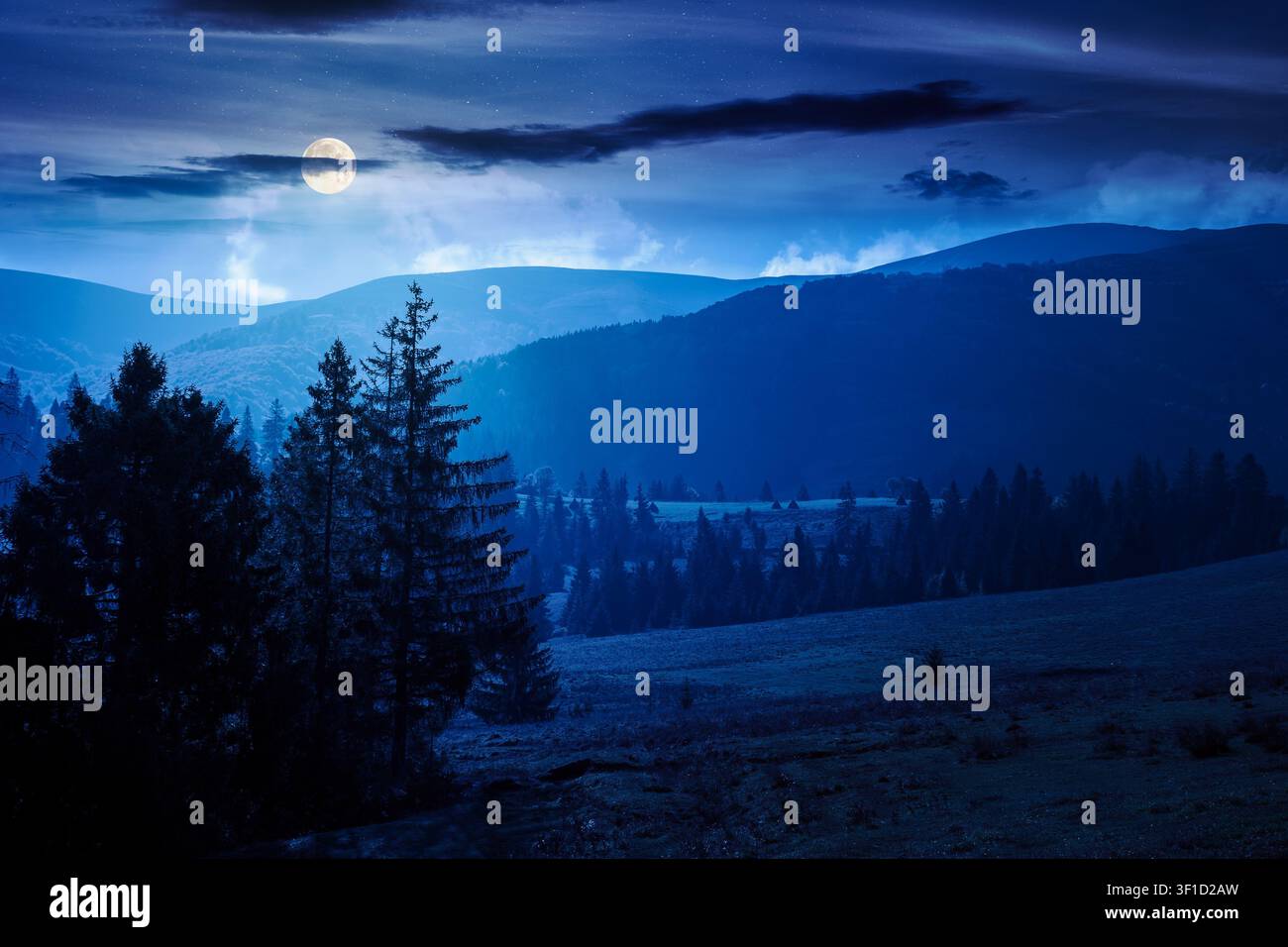 countryside mountain landscape in autumn. weathered grassy field on a hill near forest. rural night background. alpine highland of ukraine in full moo Stock Photo