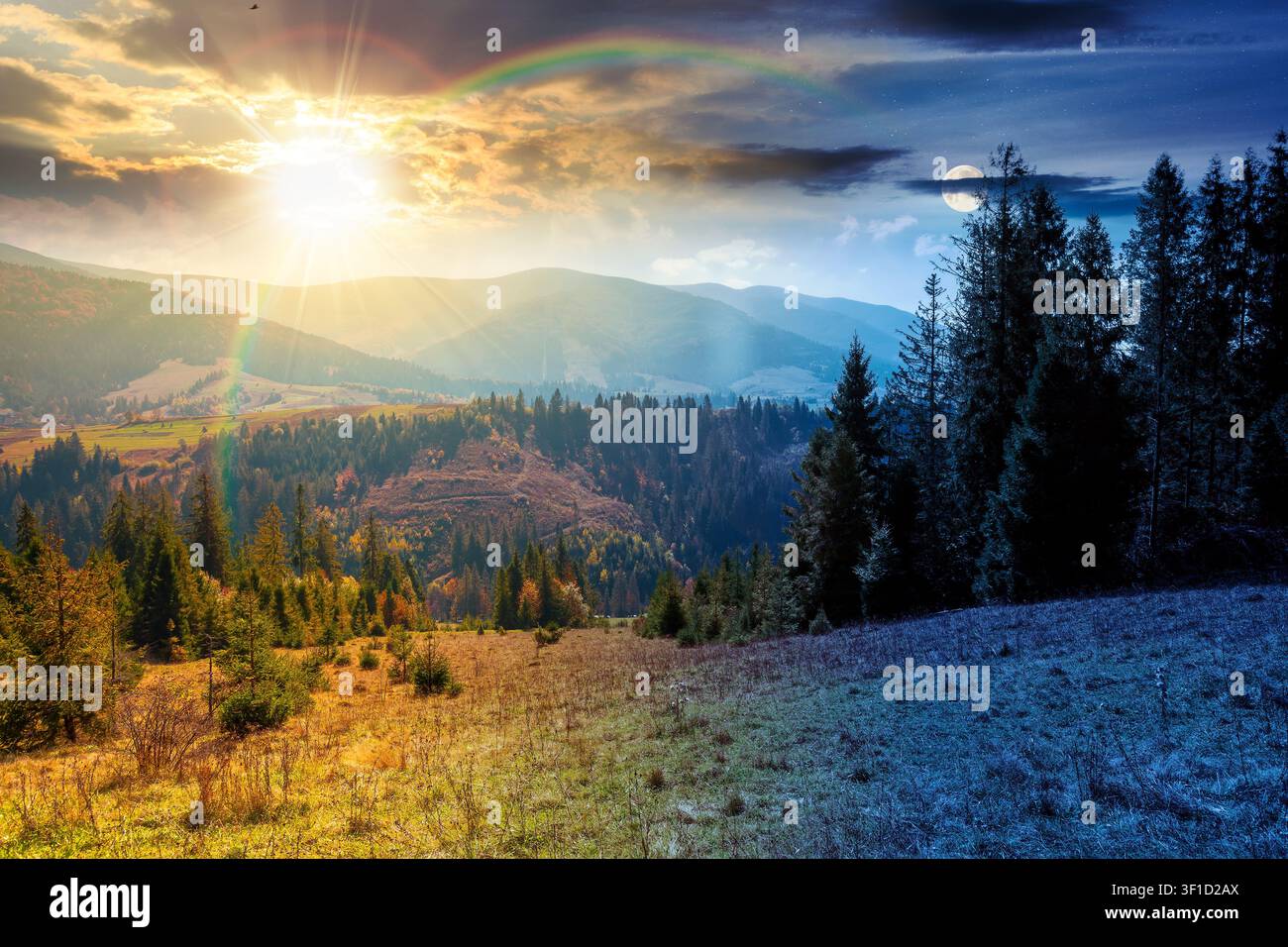 countryside mountain landscape on autumn equinox. weathered grassy field on a hill near forest. rural background. alpine highland of ukraine at twilig Stock Photo