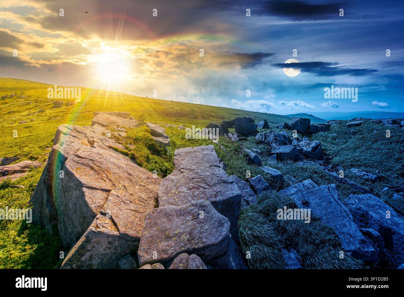 alpine grassy meadow. day meet night. sun and moon over carpathian mountains landscape with boulders. alpine nature scenery of ukraine highlands on su Stock Photo
