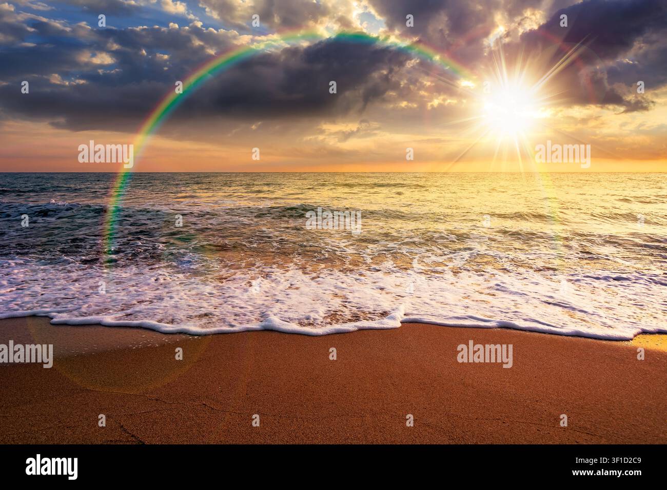 sunset over black sea landscape in summer. bulgaria nature landscape with sandy beach. summer vacation at the sea shore concept. waves and empty beach Stock Photo