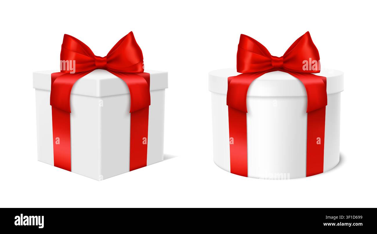 White 3D gift boxes with red satin bows and glossy ribbons, realistic square and round present packages for holiday celebration, Christmas, birthday, wedding, sale and luxury retail. Vector mockup. Stock Vector