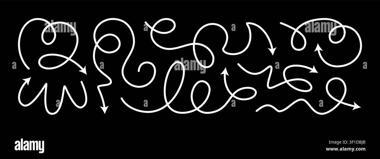Squiggly dotted arrow, vector dashed curved line arow set. Rise and fall change plan, doodle shaped pointer map element. 3d dynamic curly direction Stock Vector