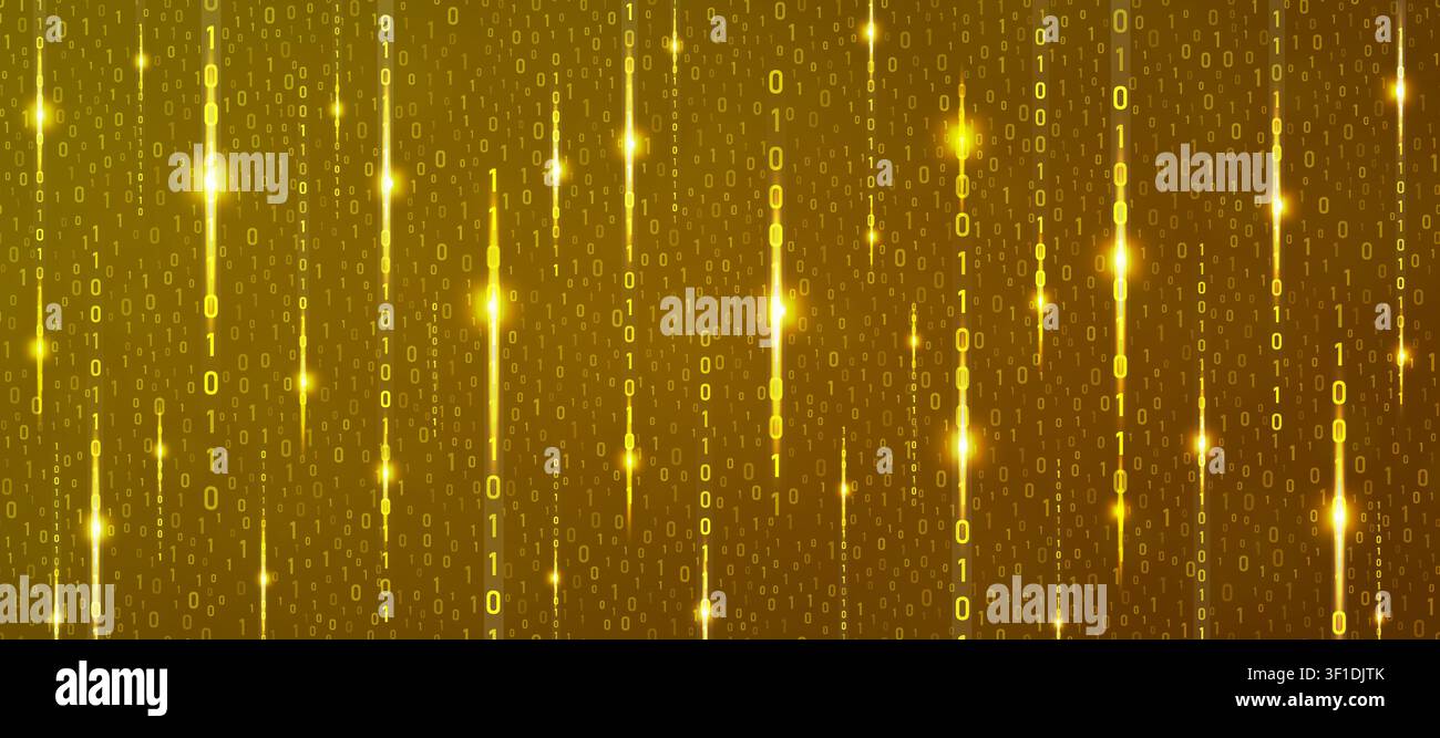 Binary rain gold cyber background. Matrix style futuristic high-tech backdrop. Technology computer numbers network pattern. Futuristic programming vis Stock Vector