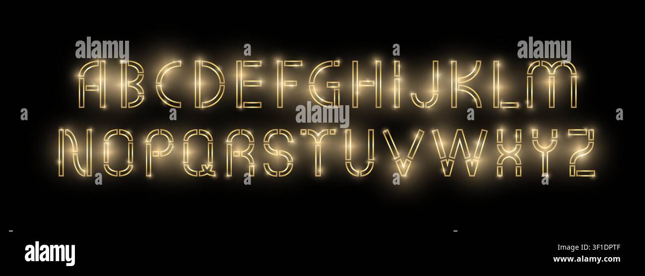 Golden shiny vintage sans-serif modern font isolated on black background. Realistic light effect. Vector illustration Stock Vector