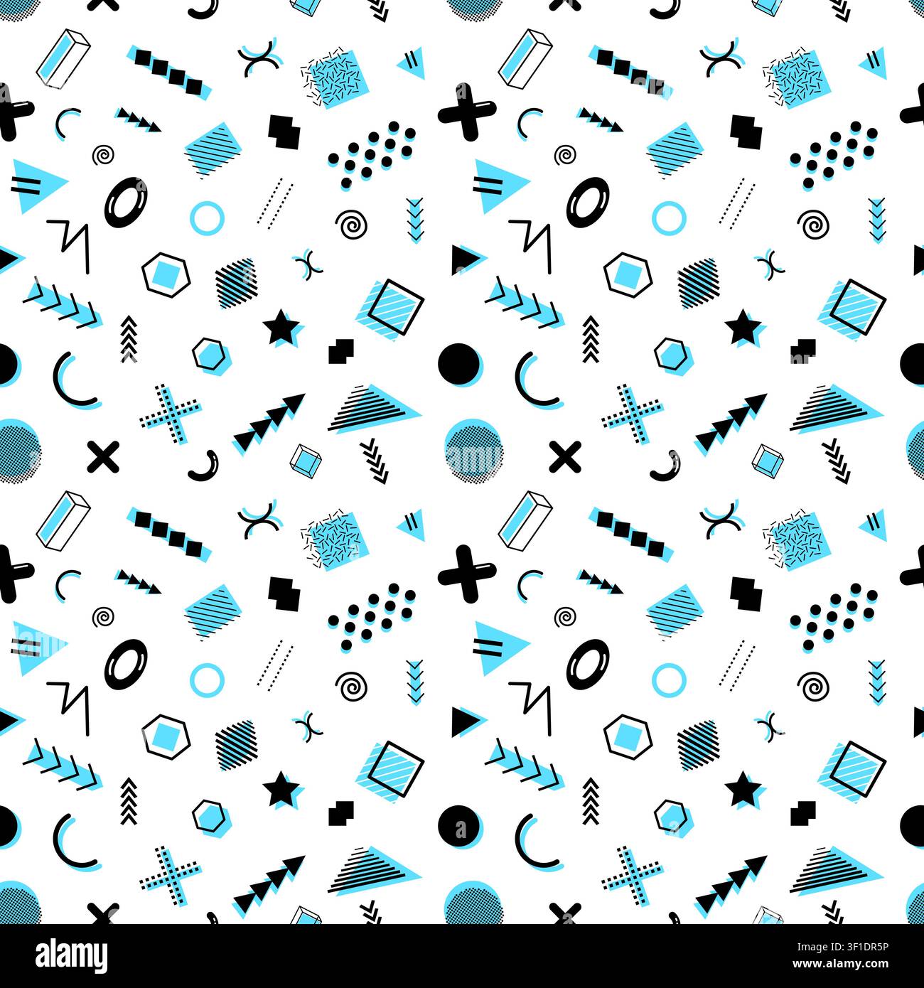 Cyan and black memphis style geometric shapes seamless texture. 90s trendy pattern. Minimalistic abstract. Vector illustration Stock Vector