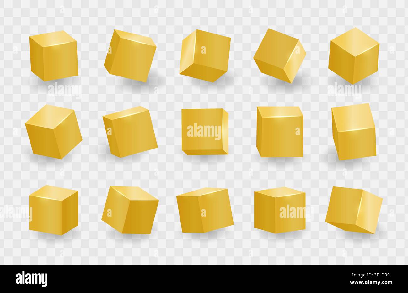 Gold shiny 3D cubes pack isolated on transparent background. Different light, perspective and angle. Vector illustration Stock Vector