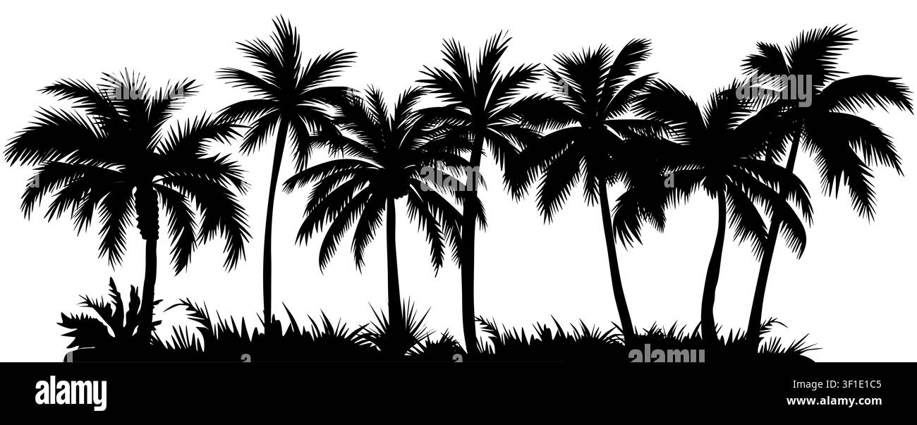 Silhouetted palm tree border with Grassline accent Stock Vector