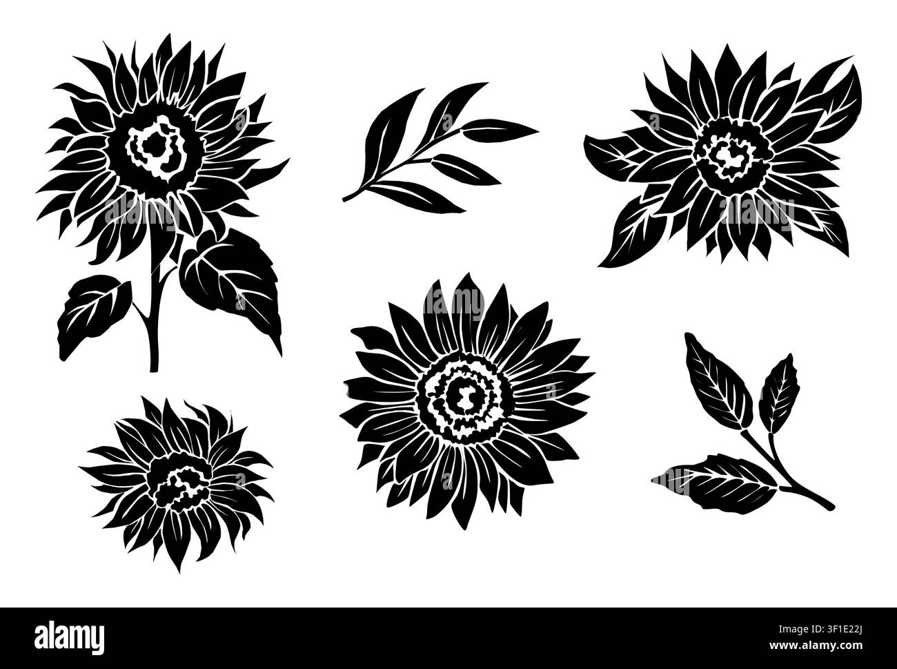 Sunflowers bloom in bold, black silhouettes set Stock Vector