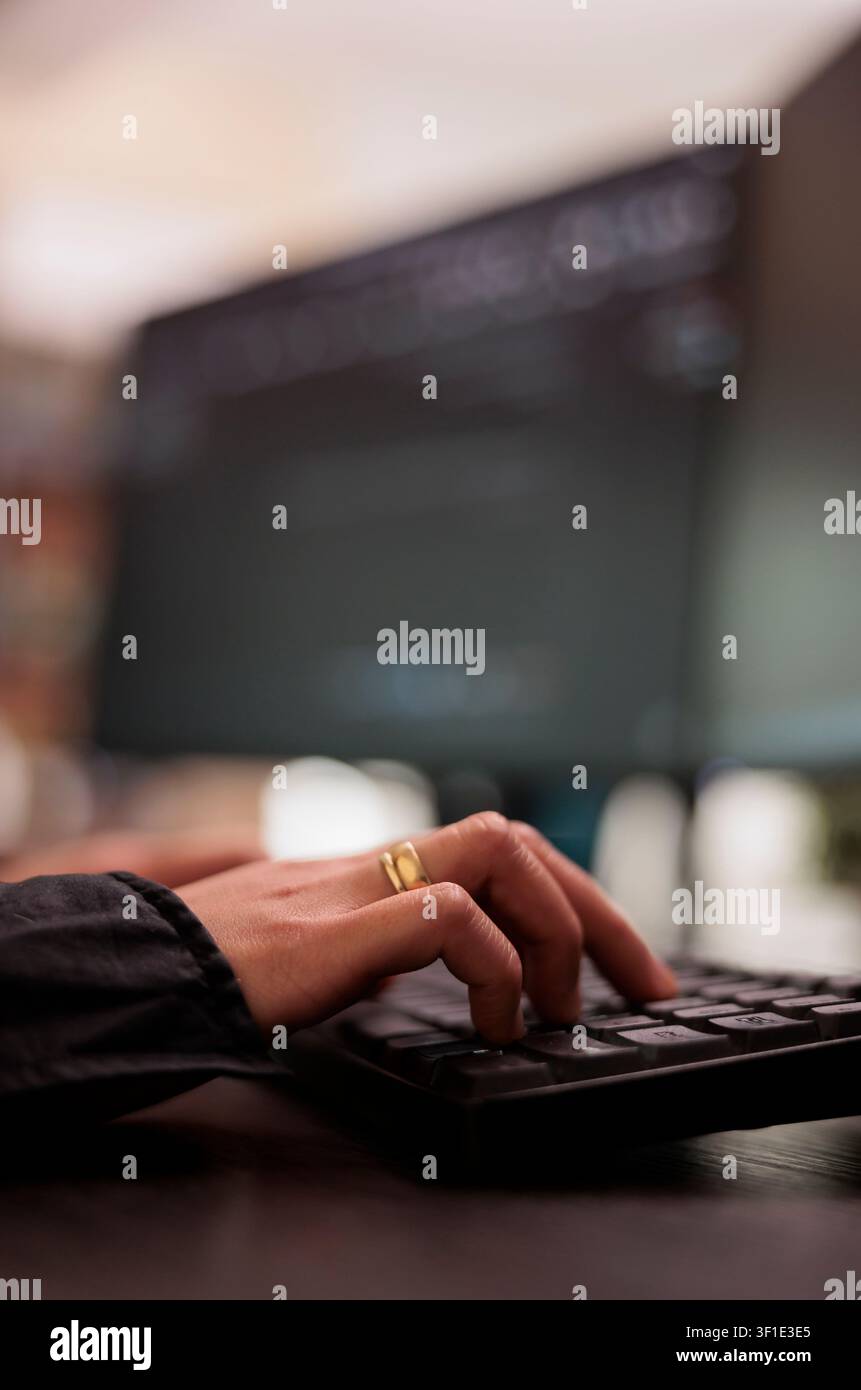 System engineer writing programming language on computer, using database code to develop server interface, freelance coder analyzing html script working in it development agency. Stock Photo