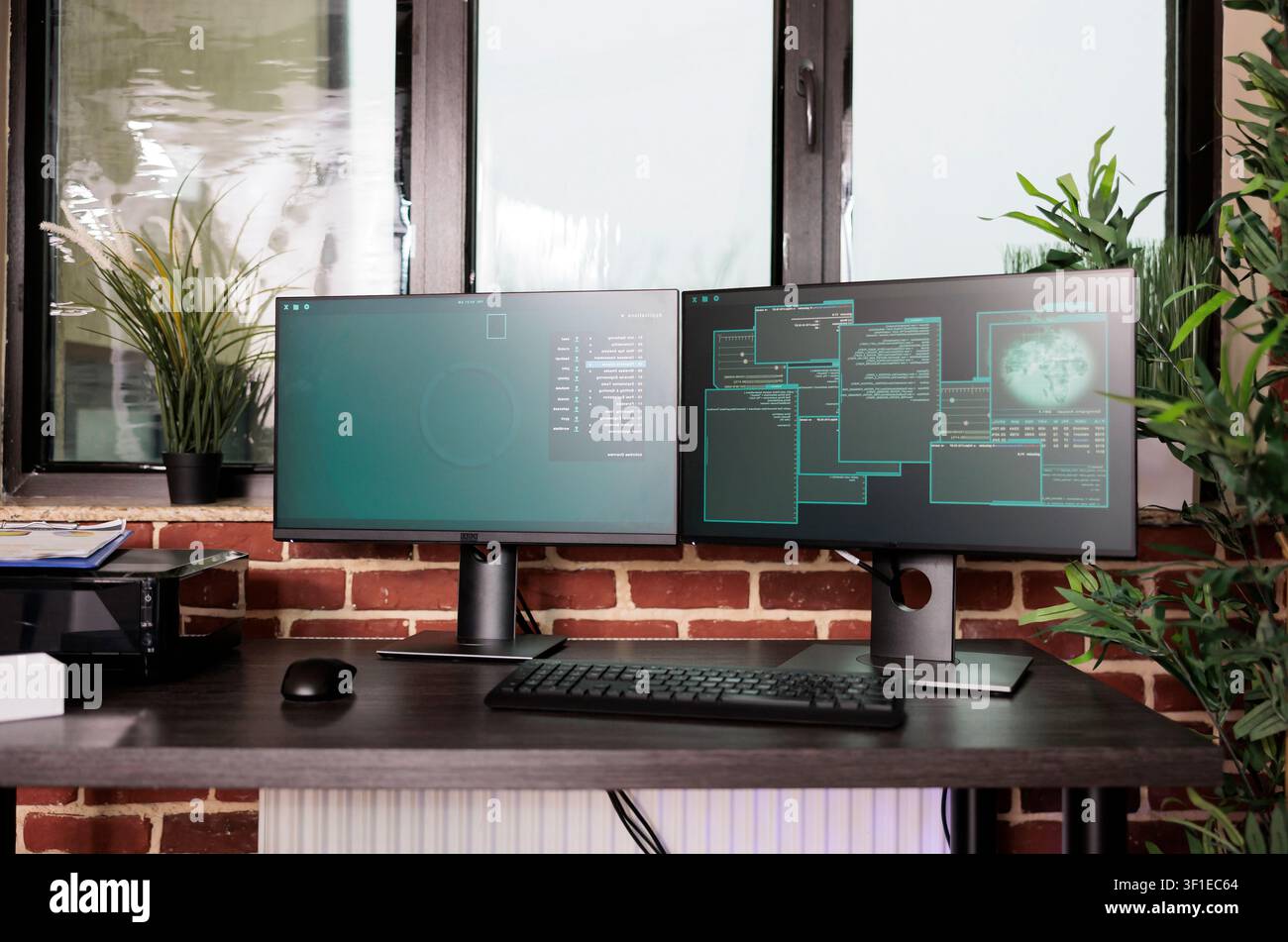 Empty coding room contains several monitors displaying source code, terminal windows and algorithms in a software development workspace, with the action centered on security, technology and a. Stock Photo