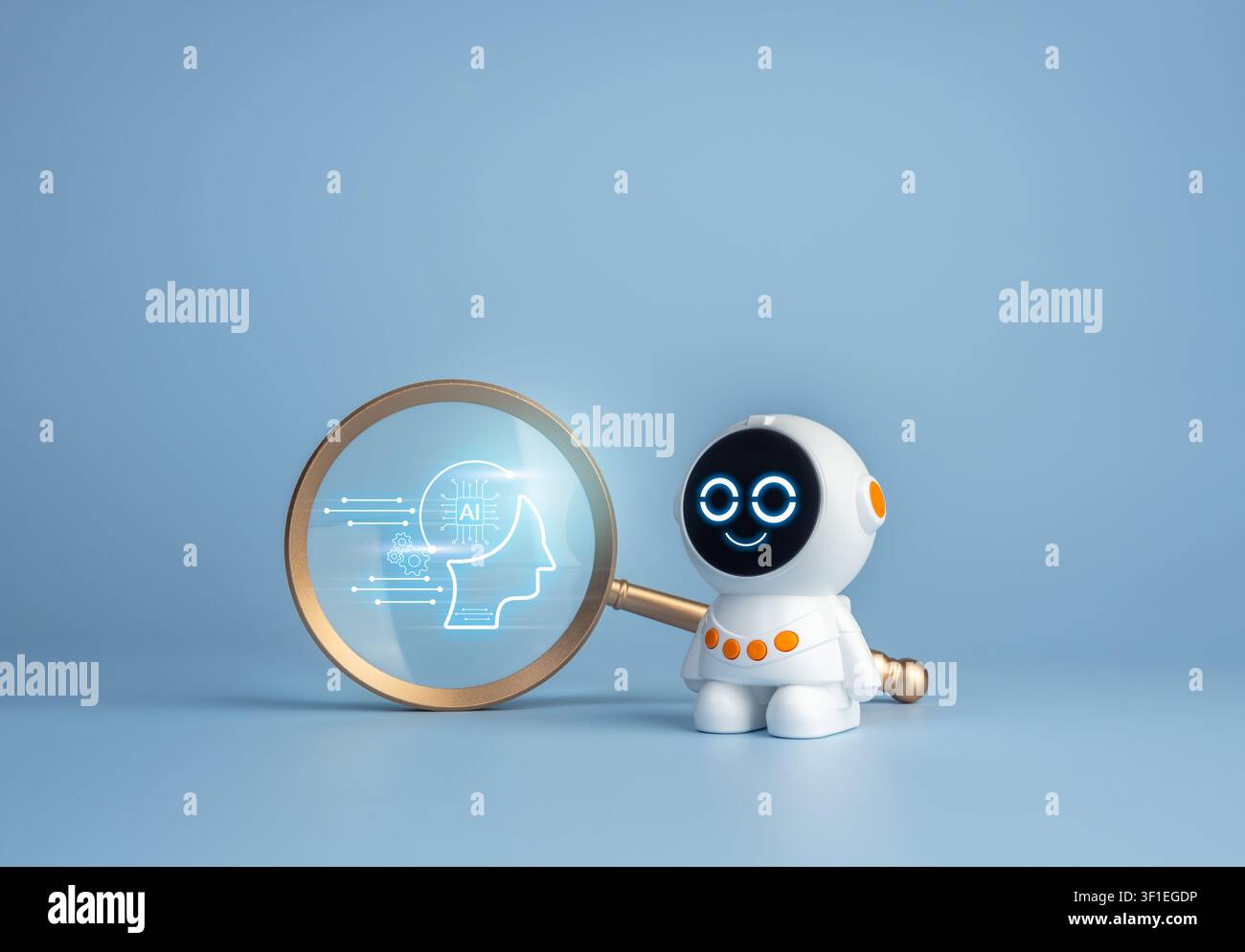 Cute chatbot robot and magnifying glass with AI intelligence interface. Artificial intelligence, AI search optimization, machine learning, data analys Stock Photo