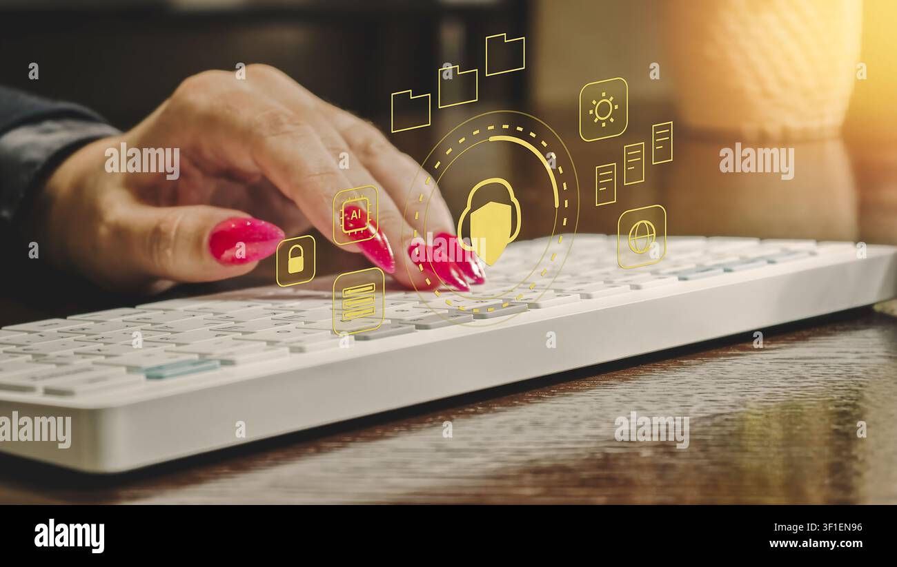 AI customer support and cybersecurity concept. Woman typing on keyboard with glowing digital helpdesk, privacy shield, and data protection icons. Stock Photo