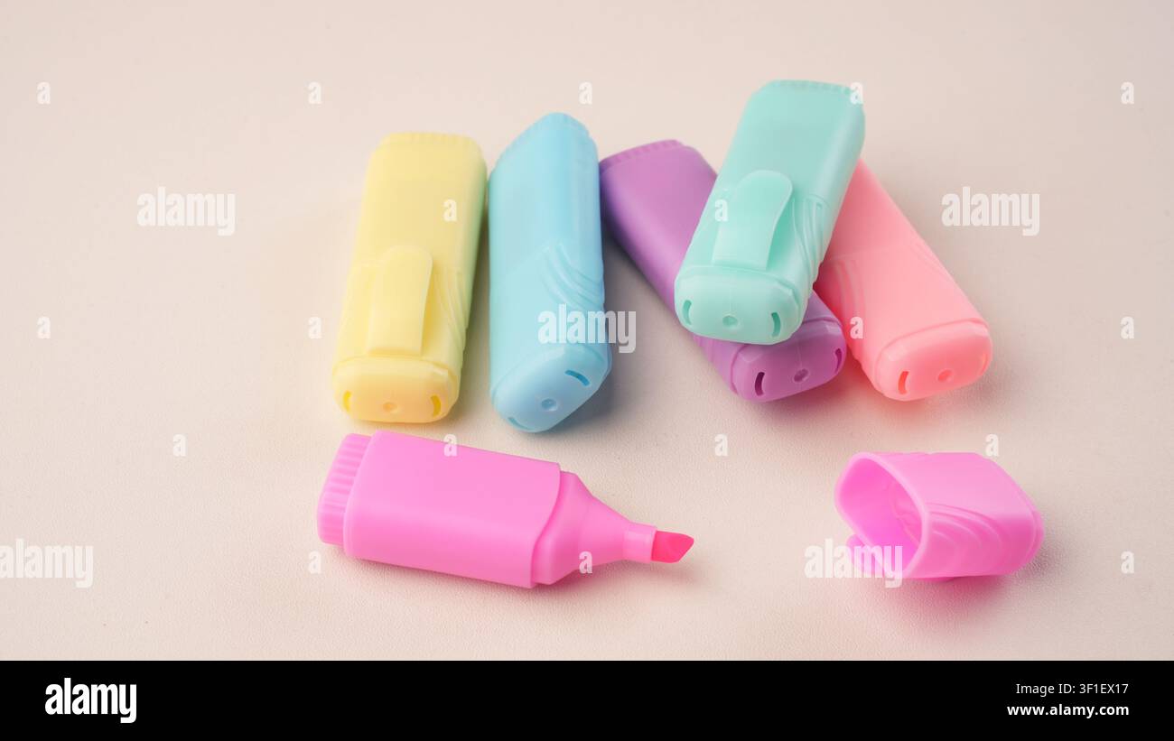 Pastel Highlighters Pens on White Background Stock Photo