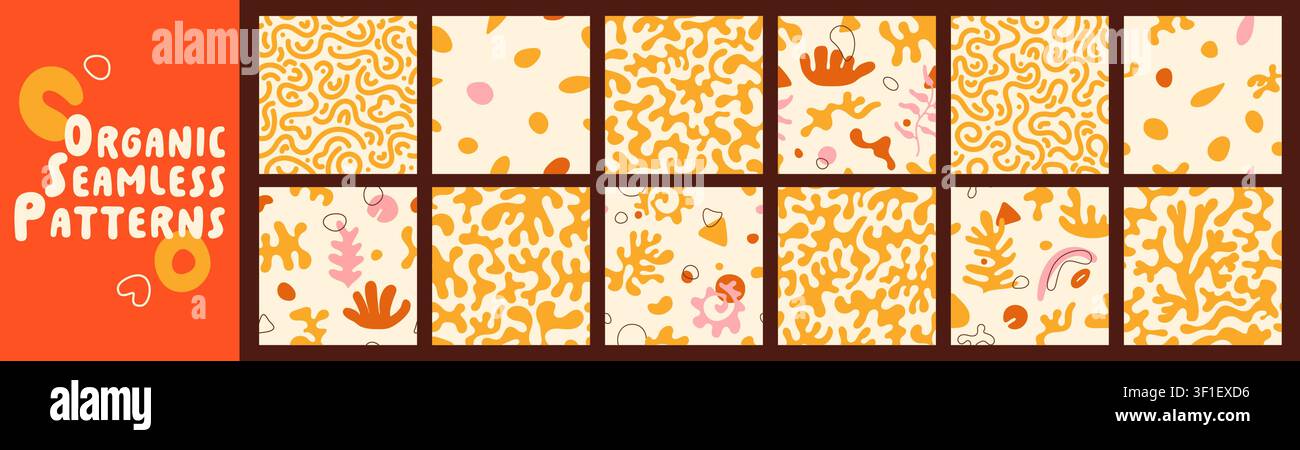 Pack with organic coral seamless patterns. Abstract repeated natural compositions. Stock Vector