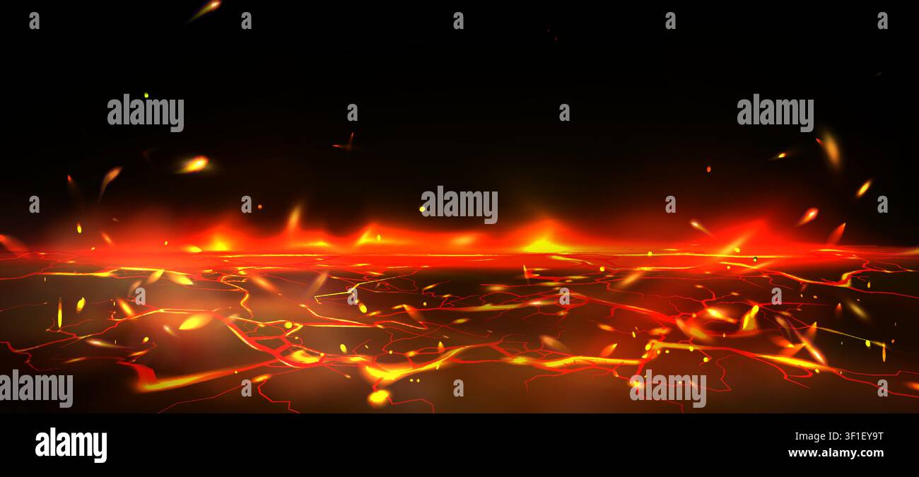 Glowing lava texture with molten magma in ground cracks, fiery red volcanic background, realistic vector illustration. Dramatic hellish liquid flame, broken stone with hot smoke and flying sparks Stock Vector