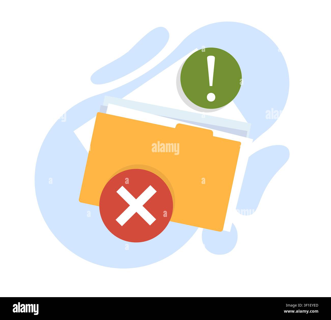 File error and document management problem. Missing folder, deleted files, warning notification and data loss issue, review and correction, validation Stock Vector