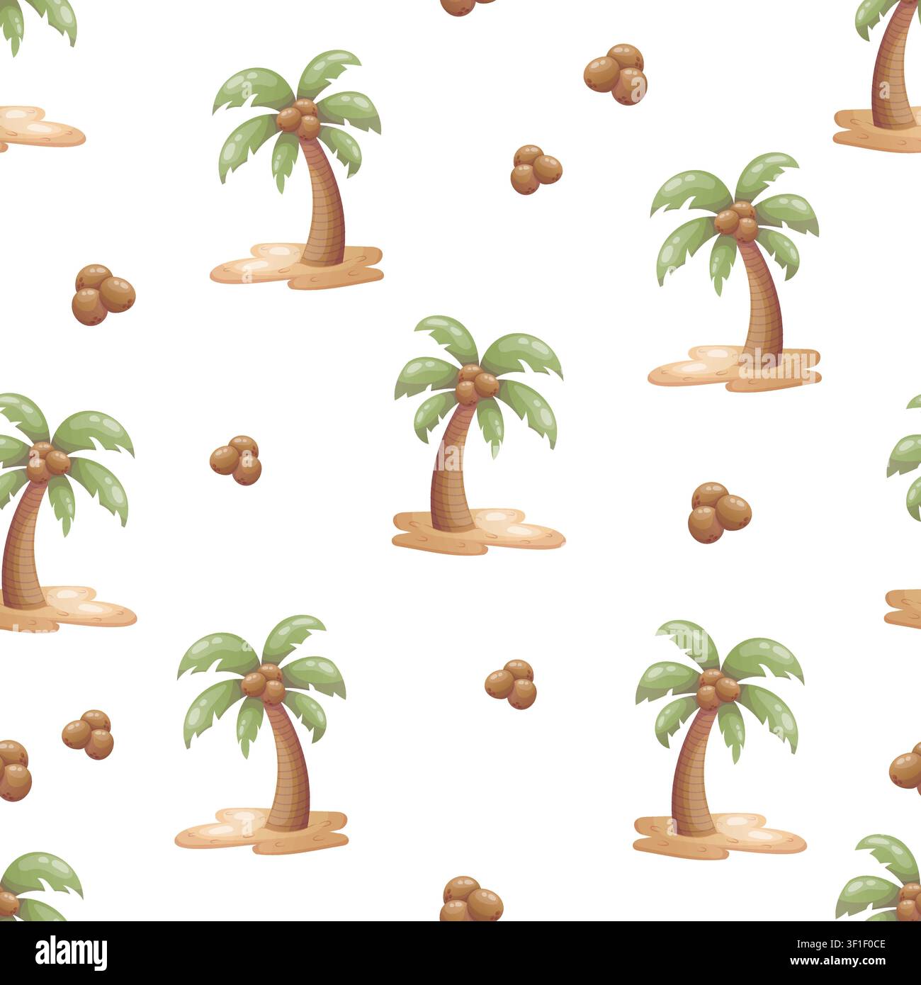 A seamless tropical pattern featuring palm trees and coconuts Stock Vector