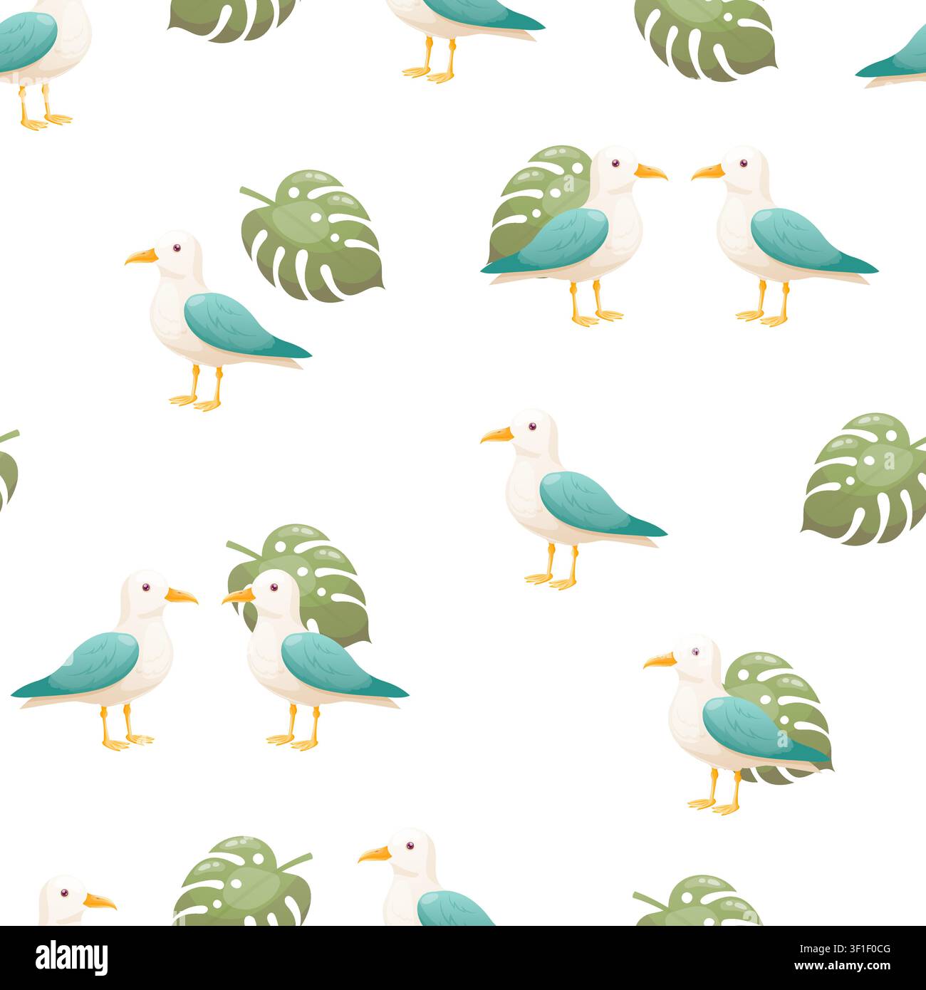 A seamless pattern featuring seagulls and monstera leaves Stock Vector