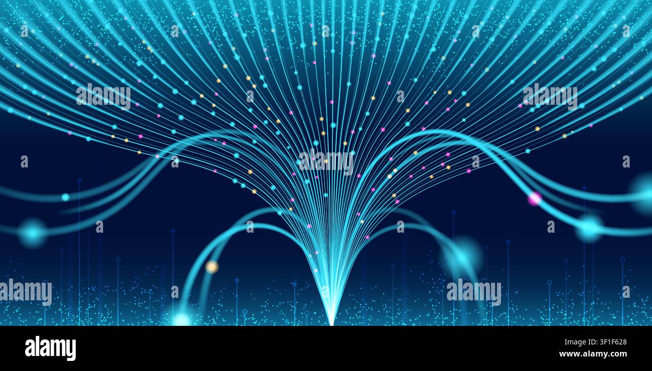 Abstract ai data flow vector background. Neon glowing blue stream, neural networks algorithm, big data analysis model and digital technology concepts with dynamic line patterns and connected particles Stock Vector