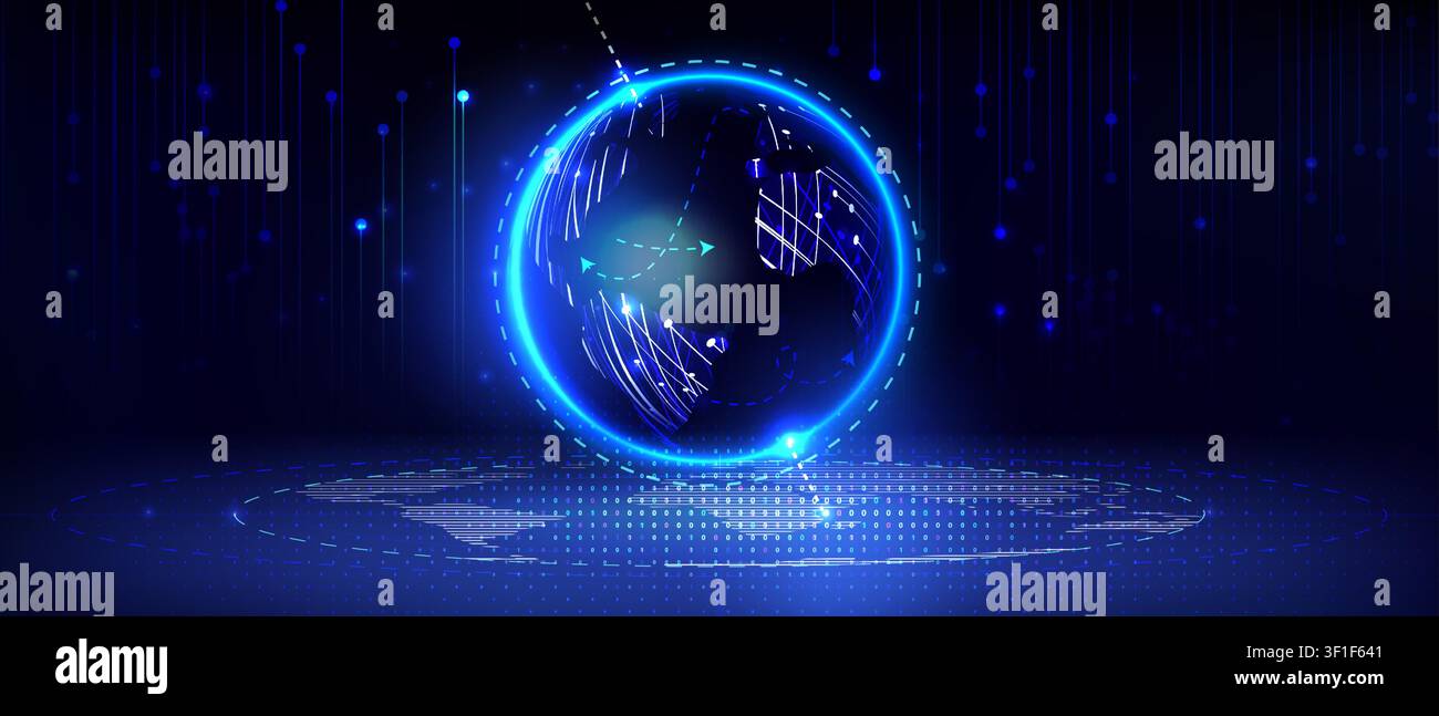 Neon Earth's globe with glowing blue network lines and motion effect, abstract vector background. 3d world map visualization with arrows, connected data points, digital sphere for technology design Stock Vector
