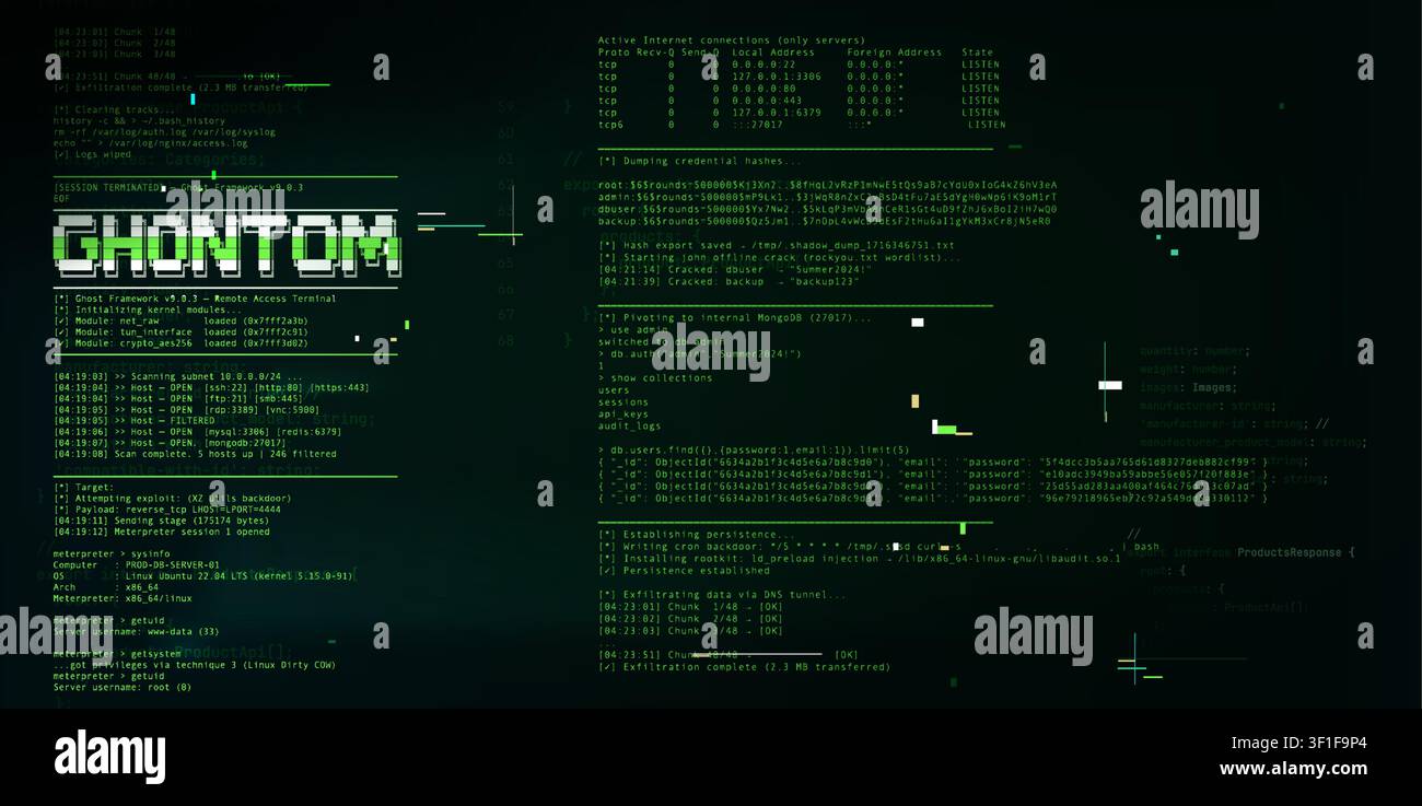 Programming code display with script elements and glitch effects on black background. Vector realistic illustration of green digital screen backdrop, software development, data structure lines Stock Vector
