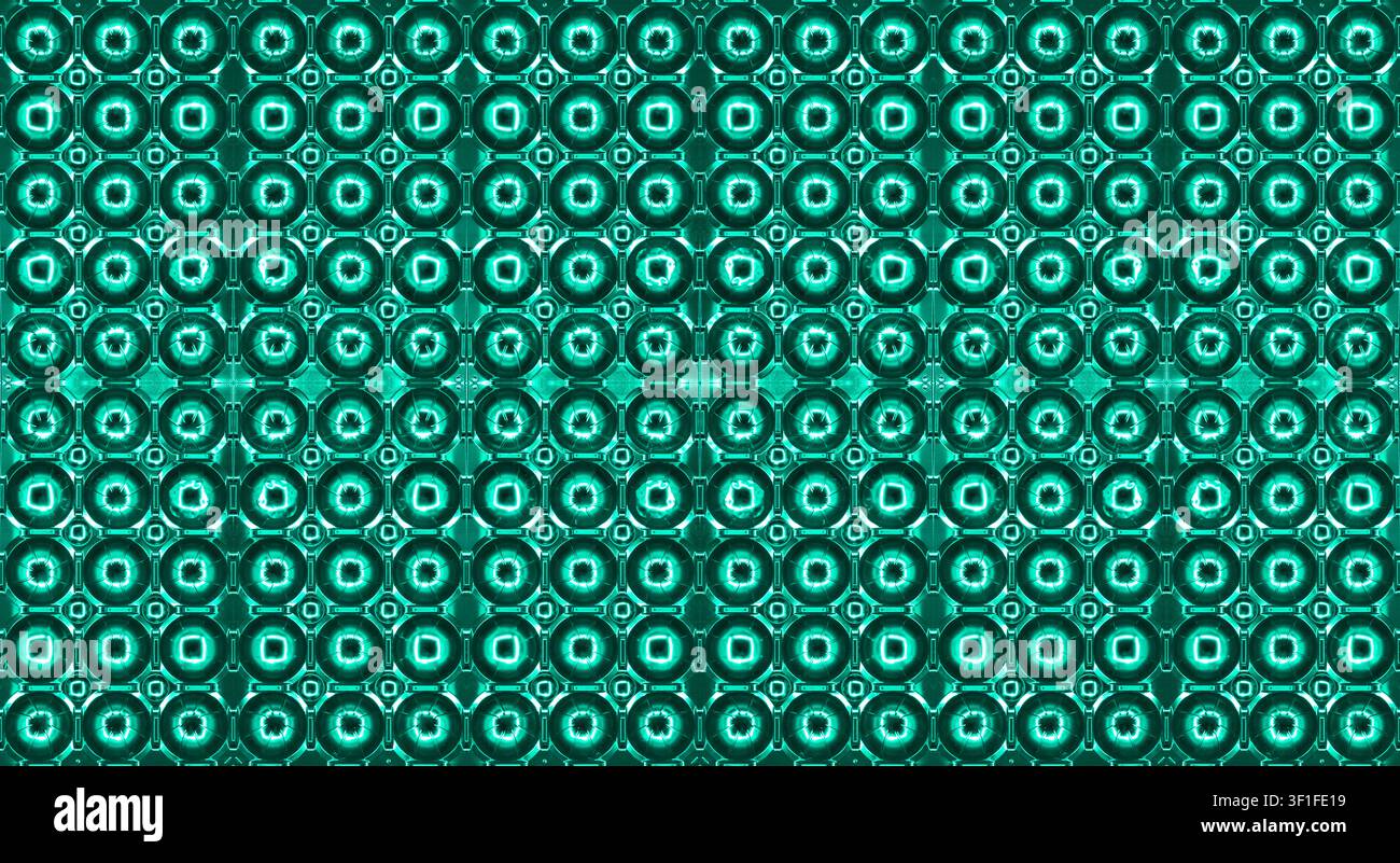 a repeating, geometric 3D fractal pattern featuring circular and linear light effects Stock Photo