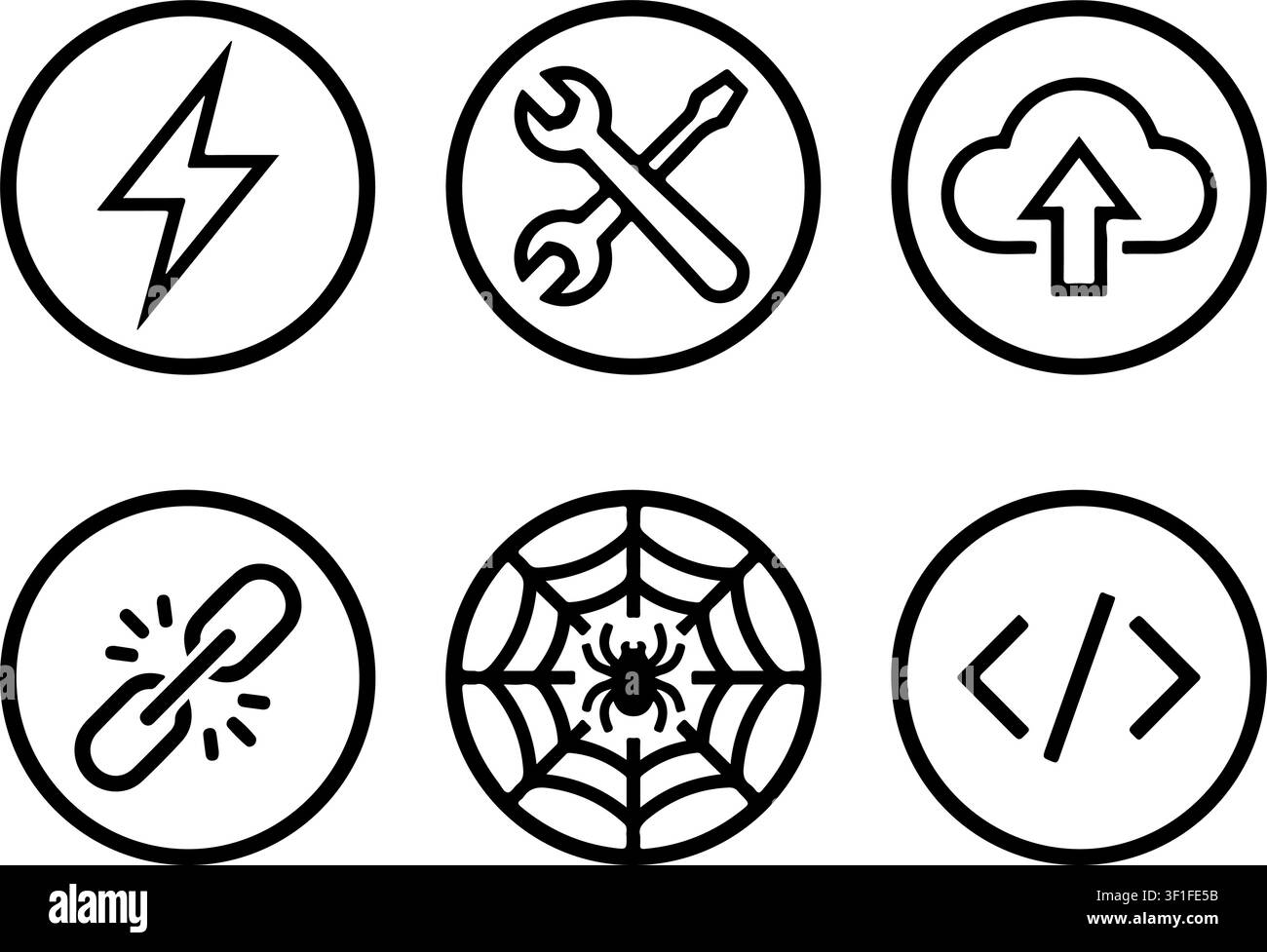 Six SEO and web development circular line icons including lightning bolt, tools, cloud upload, link, spider web, and code Stock Vector