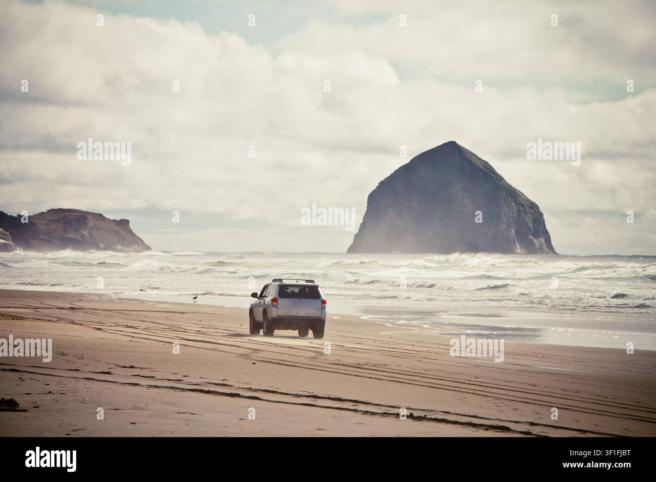 Four wheel drive exploring a scenic Pacific coast beach Stock Photo