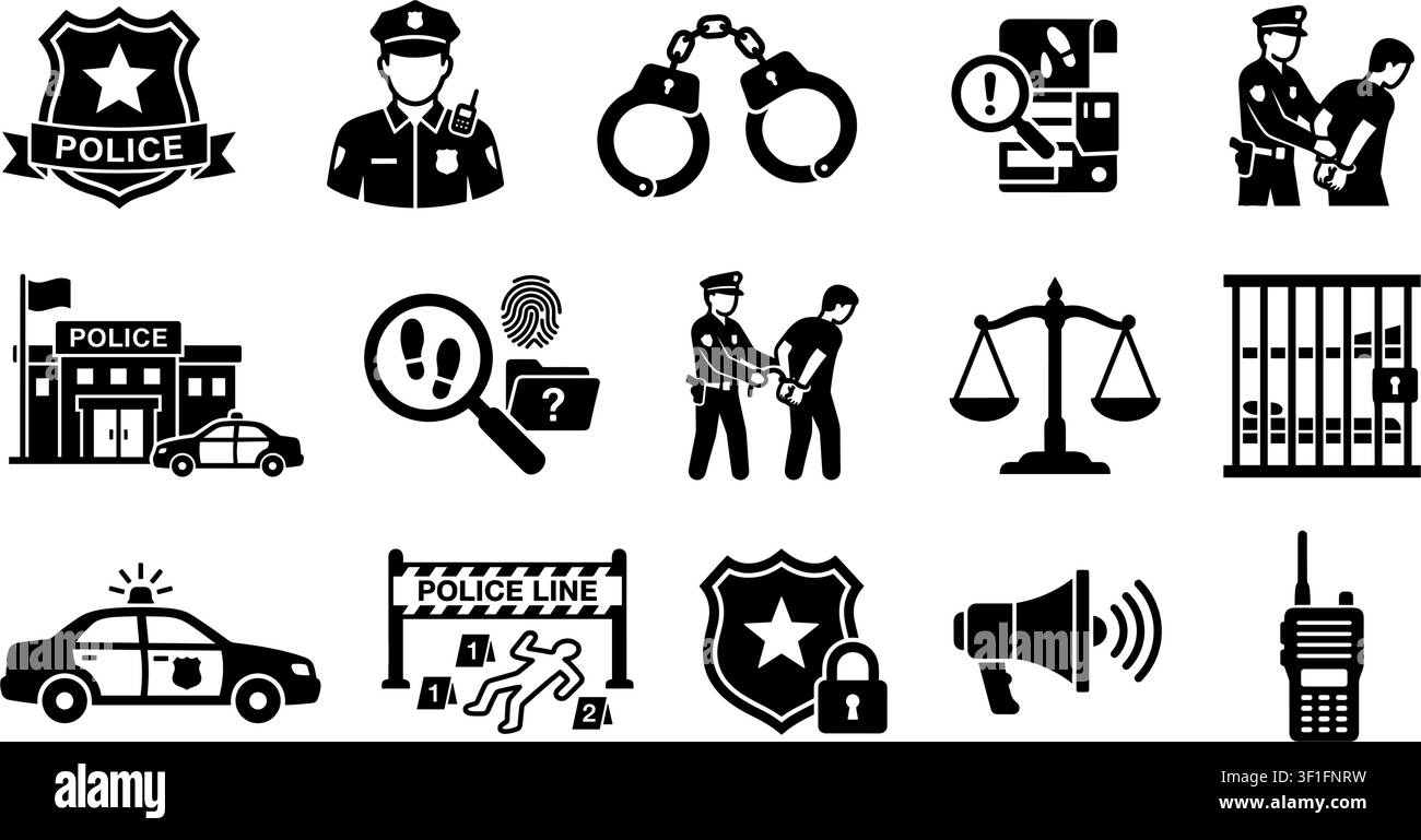 vector police solid icon set Stock Vector