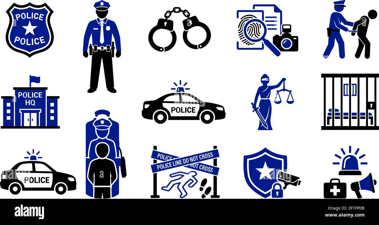 vector police solid icon set Stock Vector