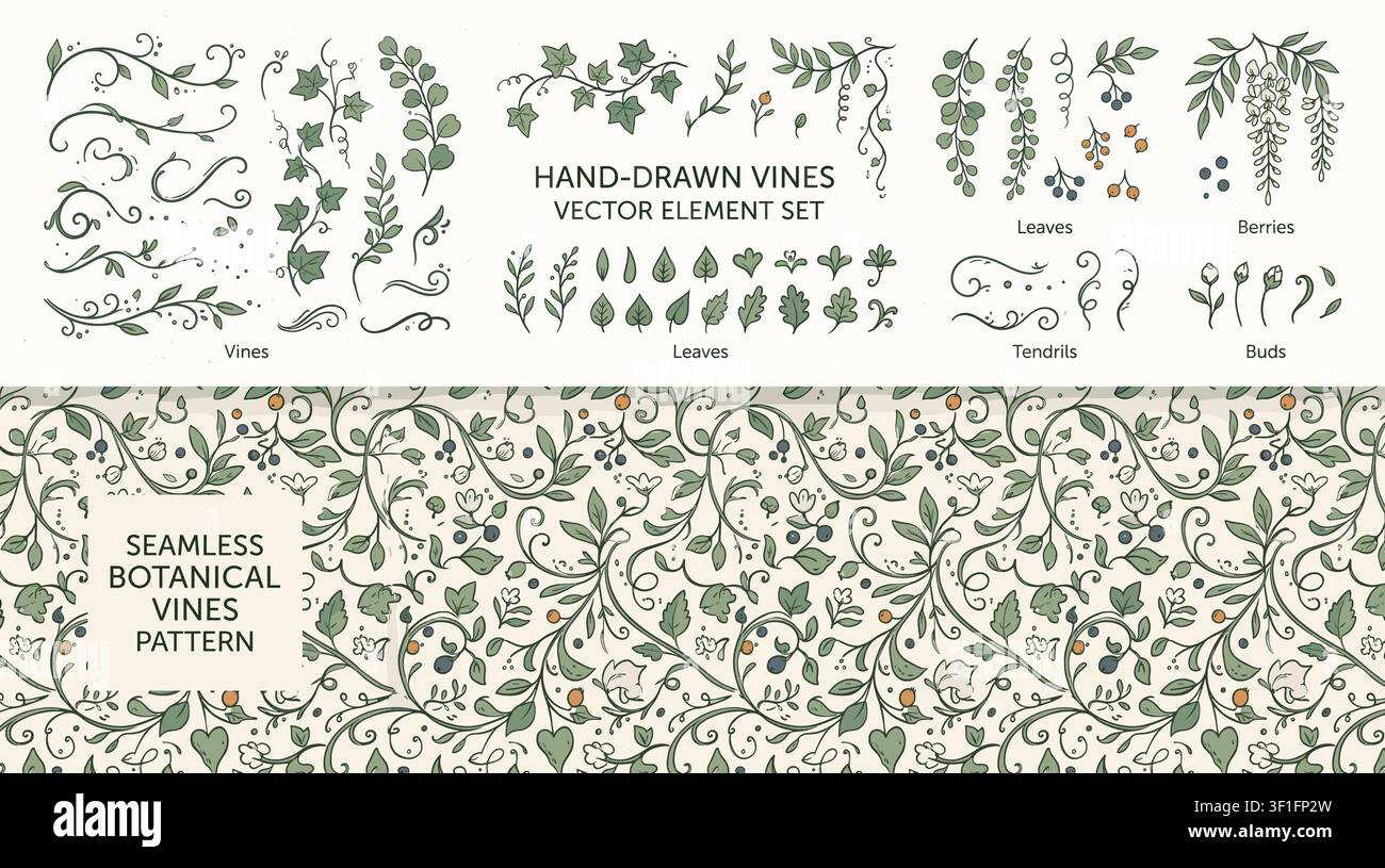 Hand-drawn vines seamless pattern, vector element set . Stock Vector