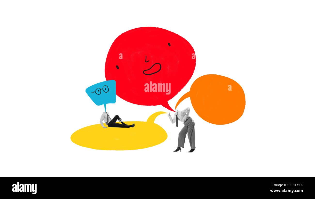 Professionals interacting through overlapping colorful speech bubbles on white background. Stock Photo