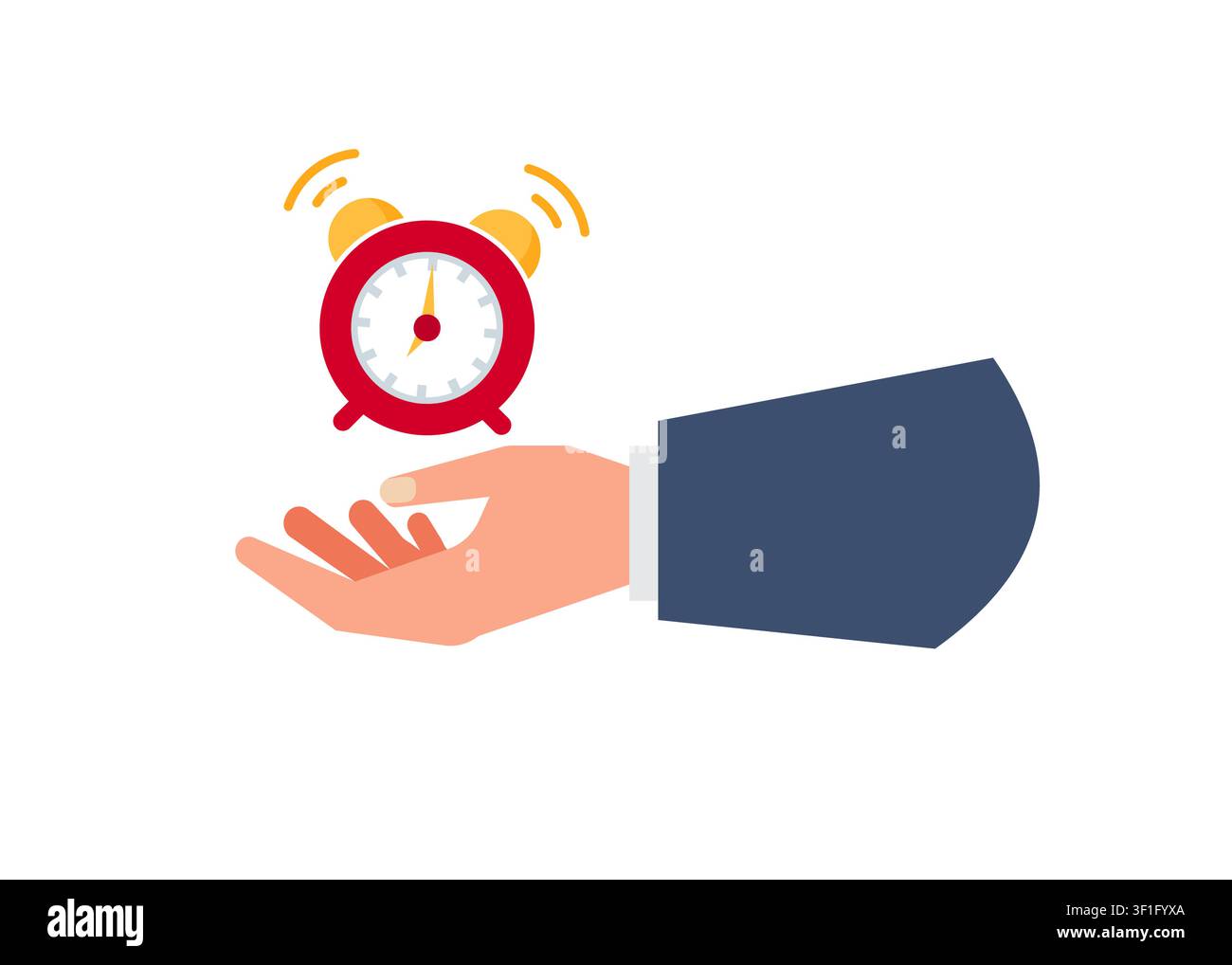 An illustration showing a ringing red alarm clock floating over a hand, symbolizing time management and deadlines. Stock Vector